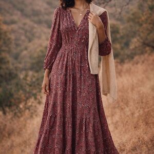 XiRENA Annieka Long Sleeve Maxi Dress in Wild Rose Block Print | Small | Cotto